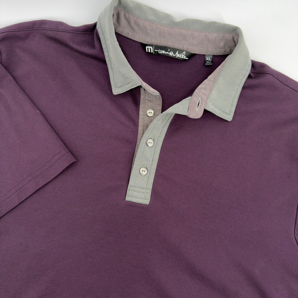 TravisMathew Mens XL Purple Polo Shirt Short Sleeve Grey Contrast Collar Golf